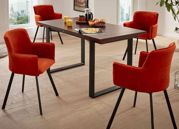 Esszimmer - Essgruppe, 5-teilig, mit geschmiedeten Metallfüßen, in Farbe ORANGE-NUSSBAUM