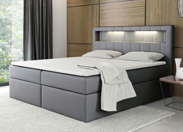 - Boxspringbett mit LED-Beleuchtung und Bettkasten, in Farbe GRAU