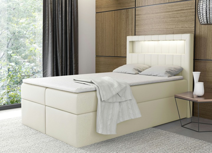 - Boxspringbett mit LED-Beleuchtung und Bettkasten, in Farbe CREME