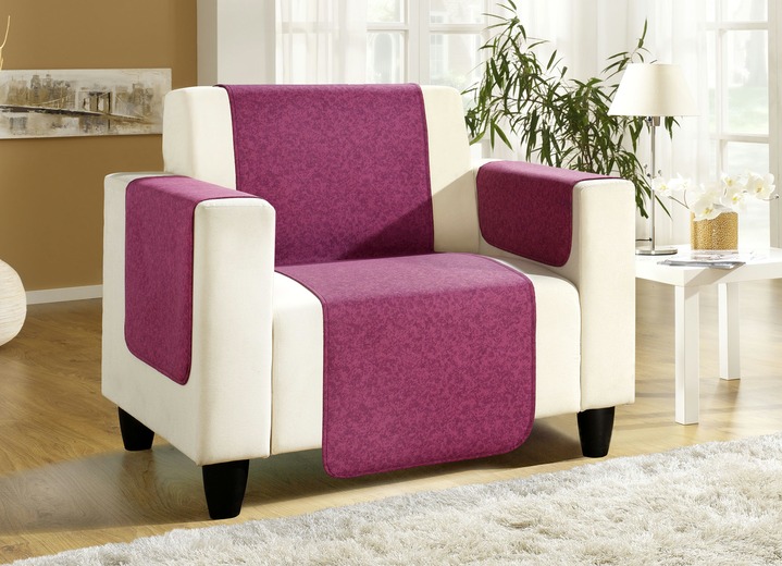 Sessel- & Sofaüberwürfe - Sessel-,Couch- und Armlehnenschoner mit Bandeinfassung, in Größe 101 (Sesselschoner, 50x150 cm) bis 865 (2 Armlehnenschoner, 50x 70 cm), in Farbe WEINROT Ansicht 1