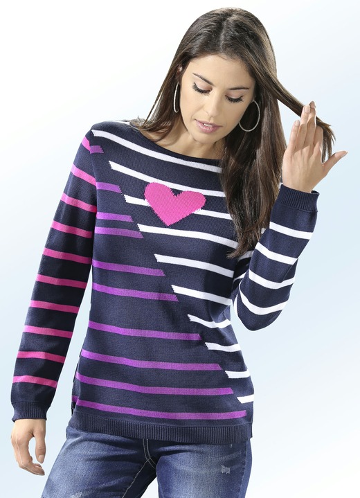 Pullover - Pullover mit Ringeldessin und Herzmotiv, in Größe 036 bis 048, in Farbe MARINE-PINK-LILA-WEISS