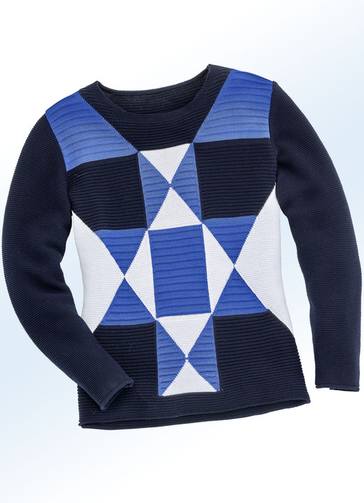 Pullover - Pullover in 2 Farben mit tollem Mustermix, in Größe 038 bis 052, in Farbe MARINE-ROYALBLAU-ECRU Ansicht 1