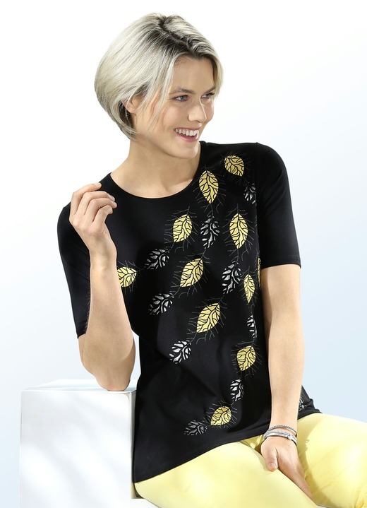 Shirts - Shirt mit interessantem Blätterdruck in 2 Farben, in Größe 036 bis 052, in Farbe SCHWARZ Ansicht 1