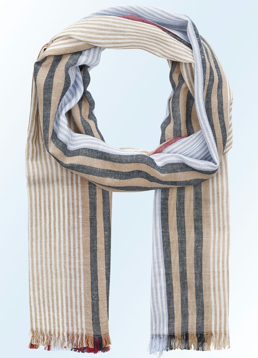 Accessoires    - Modischer Crash-Schal aus reiner Baumwolle, in Farbe BLEU-BORDEAUX-SCHILF-WEISS GESTREIFT