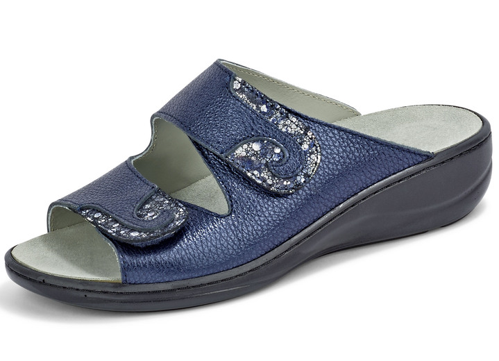 Komfortschuhe - Mubb, bequeme Damen-Pantoletten, Weite H, mit herausnehmbarem Fußbett, in Größe 036 bis 042, in Farbe STAHLBLAU Ansicht 1