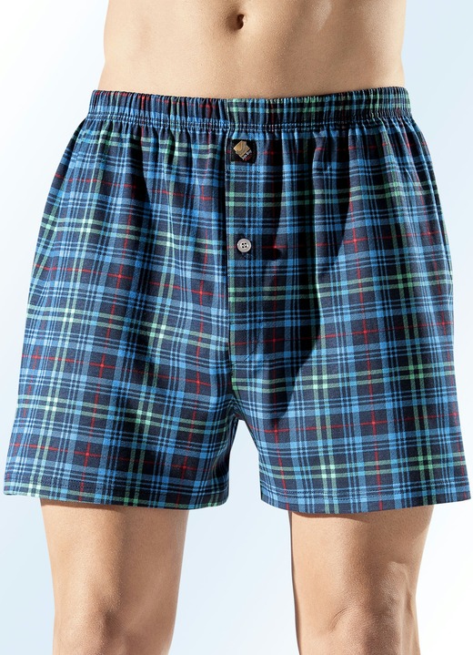 Unterwäsche - Viererpack Boxershorts mit Karodessin, in Größe 005 bis 016, in Farbe 2X MARINE-GRÜN-BUNT, 2X MARINE-GELB-BUNT