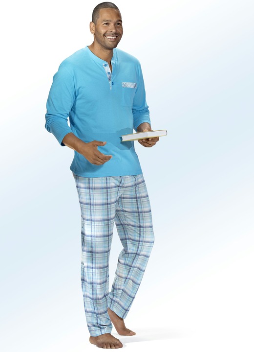 Nachtwäsche - Schlafanzug mit Knopfleiste, aufgesetzter Brusttasche und Karodessin, in Größe 046 bis 060, in Farbe TÜRKIS-MINT-JEANSBLAU