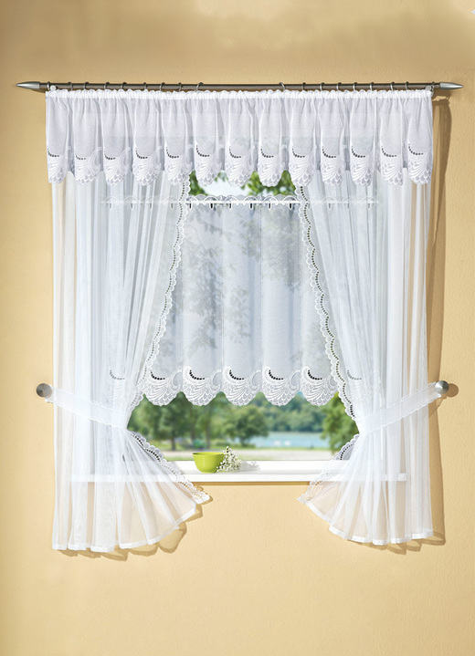 - Hübsche Fensterdekoration mit echter Plauener Stickerei, in Größe 321 (Seitenschal, H100x B70 cm) bis 896 (Kurzstore, H100xB160 cm), in Farbe WEISS Ansicht 1