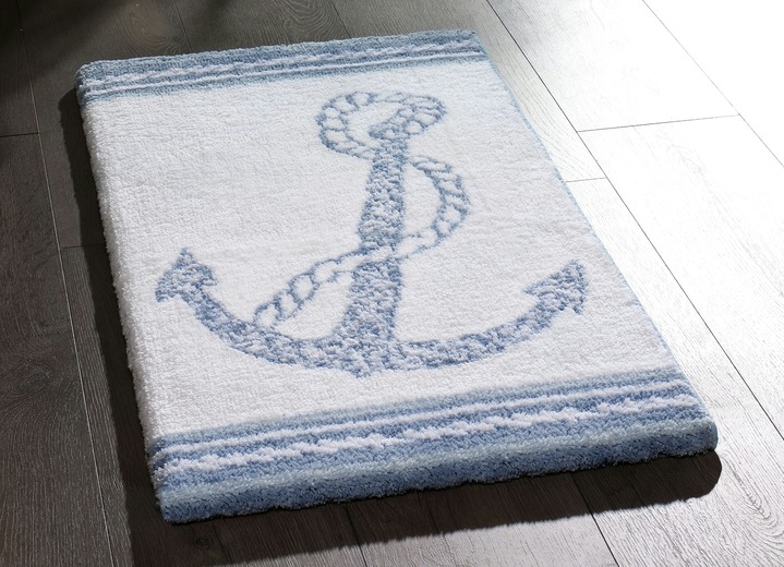 - Maritime Badgarnitur, in Größe 108 (Stand-WC-Vorleger, 50/50 cm) bis 112 (WC-Deckelbezug, 47/50 cm), in Farbe HELLBLAU