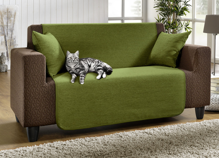 Wohnaccessoires - Unempfindliche Sessel-,Couch- und Armlehnenschoner aus Chenille, in Größe 101 (Sesselschoner, 50x150 cm) bis 905 (2 Kissenbezüge, 40x 40 cm), in Farbe GRÜN Ansicht 1