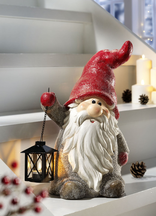 Weihnachtliche Dekorationen - Wichtel aus Keramik mit Laterne, in Farbe ROT-BRAUN