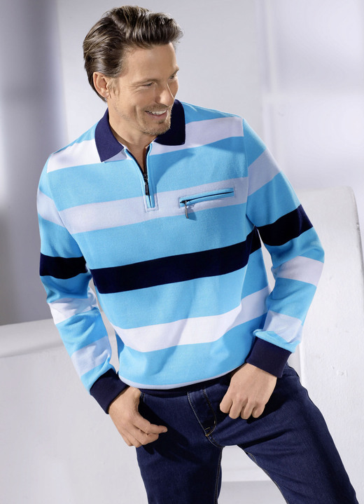 Hemden, Pullover & Shirts - Poloshirt mit Brusttasche, in Größe 046 bis 062, in Farbe TÜRKIS-WEISS-HELLBLAU-MARINE