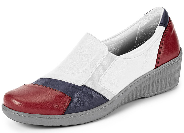 Komfortschuhe - Gemini Slipper mit seitlichen Gummizügen, in Größe 036 bis 042, in Farbe WEISS-ROT-BLAU Ansicht 1