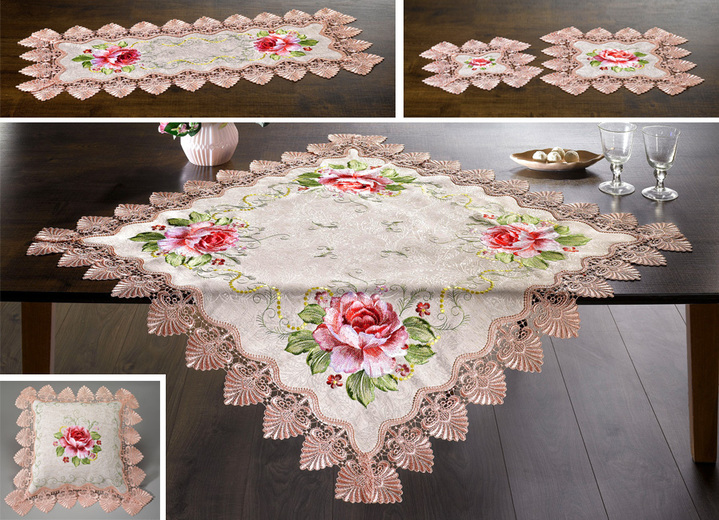 Tischdecken - Elegante Tischdekoration mit Rosenmotiv, in Größe 101 (2 Platzsets, 35/ 50 cm) bis 404 (Kissenbezug, 40/ 40 cm), in Farbe NATUR