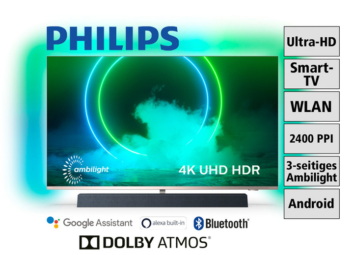 Fernseher - Philips 4K-Ultra-HD-Ambilight-LED-Fernseher mit integriertem Soundsystem, in Farbe SILBER Ansicht 1