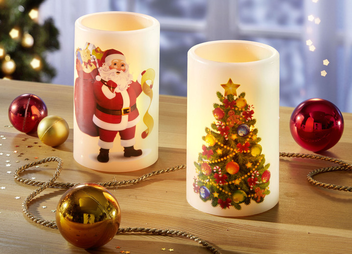Weihnachtliche Dekorationen - LED-Kerzen, 2er-Set, aus Echtwachs, in Farbe BUNT