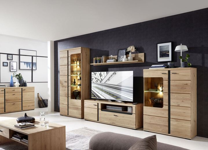 Wohnwände - Möbelprogramm mit Fronten aus Massivholz, in Farbe EICHE-SCHWARZ Ansicht 1