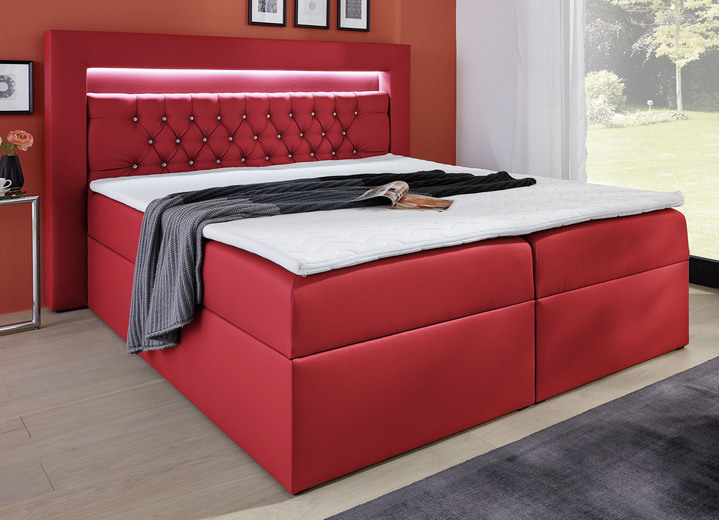 Betten - Boxspringbett mit LED-Beleuchtung, Bettkasten und Topper, in Farbe ROT Ansicht 1