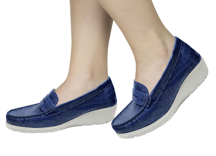 Halbschuhe - Echt Leder Mokassin mit Aloe Vera Einlegesohle, in Größe 036 bis 042, in Farbe BLAU Ansicht 1