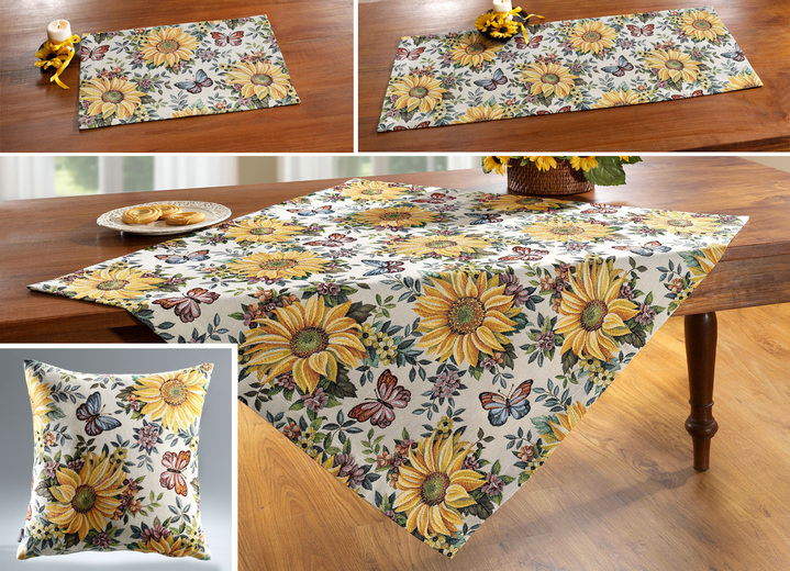 Tischdecken - Tisch- und Raumdekoration mit Sonnenblumen-Dessin, in Größe 110 (Läufer, 40/100 cm) bis 405 (Kissenbezug, 50/ 50 cm), in Farbe BUNT