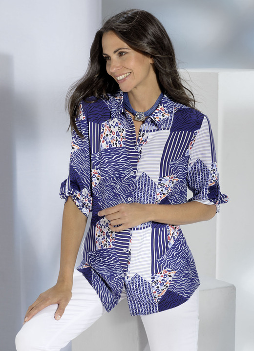 Blusen - Bluse mit Hemdkragen, in Größe 036 bis 052, in Farbe BLAU-WEISS-BUNT