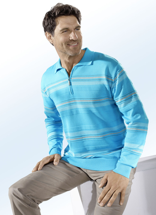Hemden, Pullover & Shirts - Polopullover mit kurzem Reissverschluss, in Größe 046 bis 062, in Farbe TÜRKIS-ECRU
