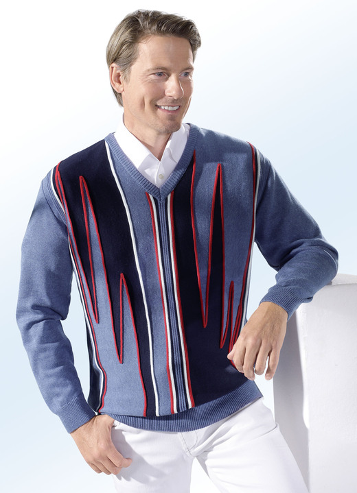 Hemden, Pullover & Shirts - Attraktiver V-Pullover in 2 Farben , in Größe 044 bis 062, in Farbe JEANSBLAU Ansicht 1