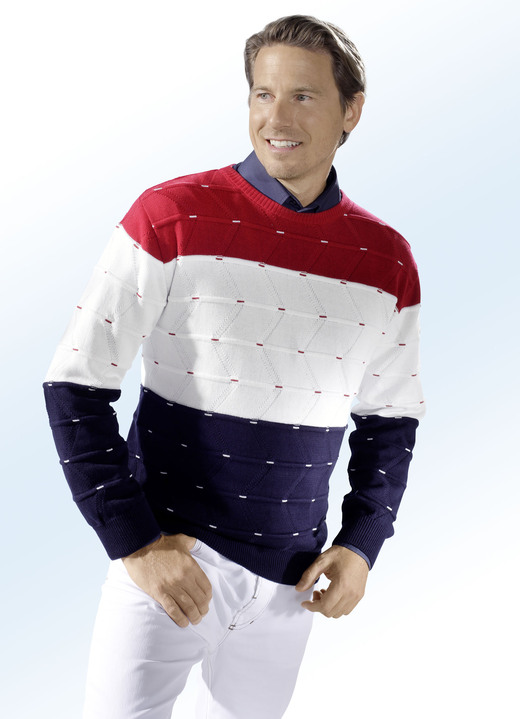 - Ein modisches Highlight ist dieser sportive Pullover, in Größe 058 bis 060, in Farbe ROT-WEISS-MARINE