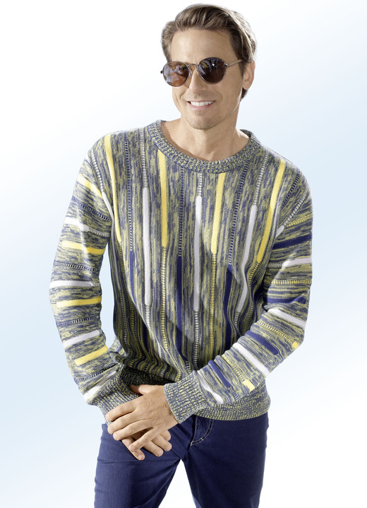 Hemden, Pullover & Shirts - Rundhalspullover mit Rippenstrick-Abschlüssen , in Größe 044 bis 062, in Farbe GELB MELIERT-MARINE