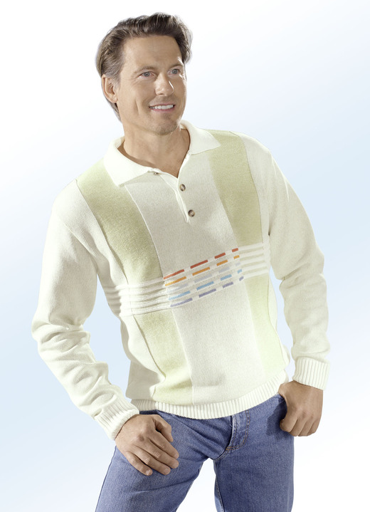 Hemden, Pullover & Shirts - Polopullover mit kurzer Knopfleiste , in Größe 044 bis 062, in Farbe ECRU-LINDGRÜN