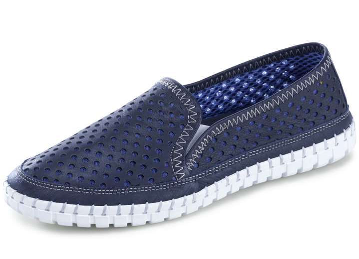 Komfortschuhe - Gemini Slipper mit sommerlich perforiertem Rind-Nappaleder, in Größe 036 bis 041, in Farbe MARINE Ansicht 1