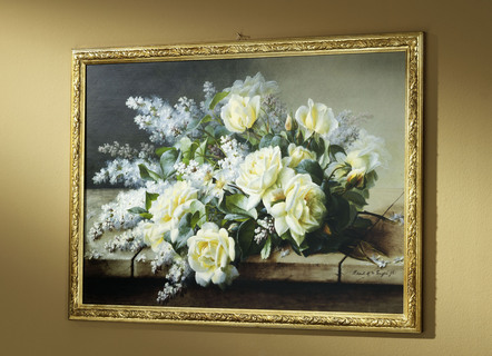 Kunstdruck mit verziertem, goldfarbenem Echtholzrahmen