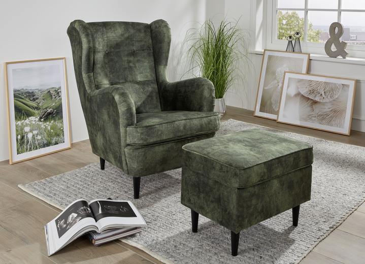 - Ohrenbackensessel mit Hocker, in Farbe GRÜN