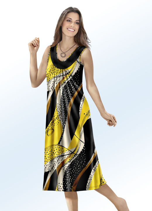 Strandmode - Klaus Modelle Kleid mit farbbrillantem Druckdessin, in Größe 040 bis 060, in Farbe SCHWARZ-BUNT
