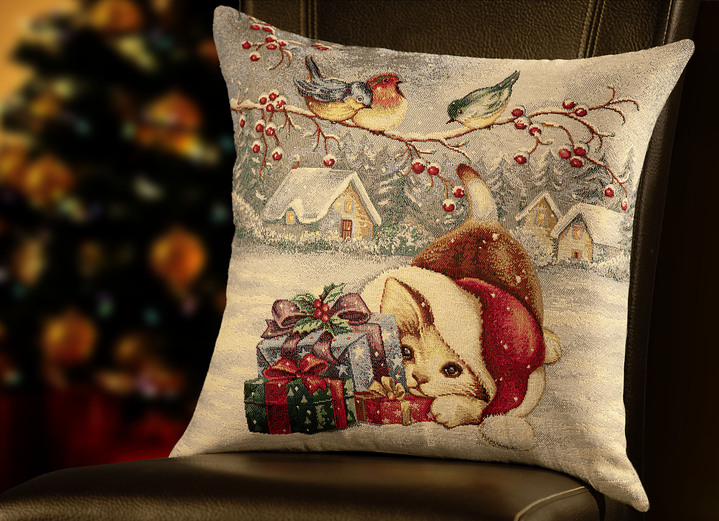 Weihnachtliche Dekorationen - Kissenbezug Kätzchen aus Gobelin, in Farbe BUNT
