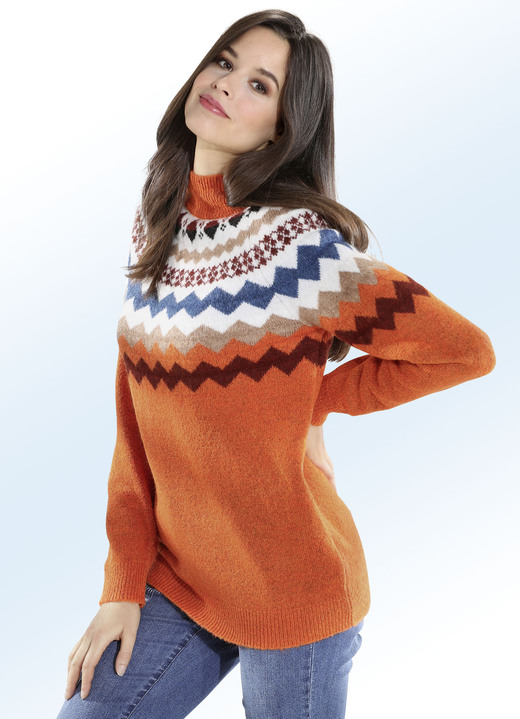Pullover - Pullover mit Norwegermuster, in Größe L(44/46) bis XL(48/50), in Farbe ORANGE MELIERT-WEISS-MULTICOLOR