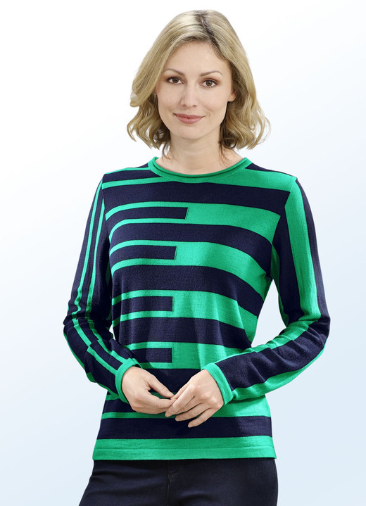 Pullover - Pullover in dekorativem Streifendessin, in Größe 036 bis 052, in Farbe GRÜN-MARINE Ansicht 1