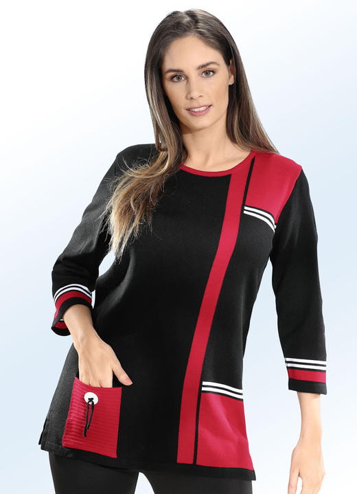 Pullover - Pullover mit dekorativen Kontrasten, in Größe 040 bis 060, in Farbe SCHWARZ-FEUERROT-WEISS