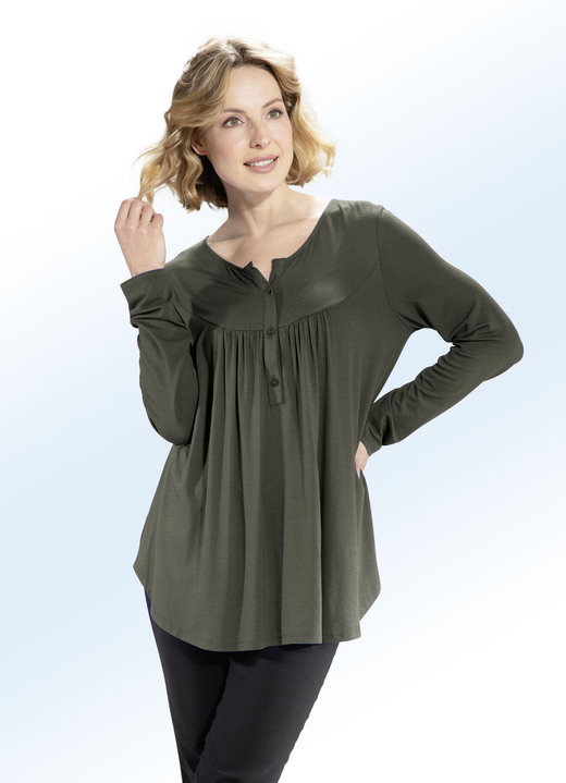 Damenmode - Shirt-Tunika mit rundem Halsausschnitt, in Größe 036 bis 054, in Farbe OLIV Ansicht 1