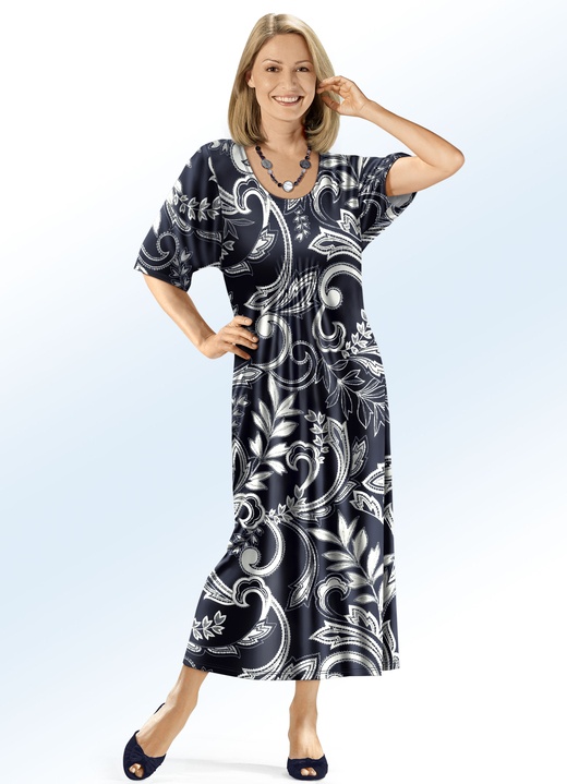Hauskleider - Kaftan in Schlupfform, in Größe 038 bis 062, in Farbe NACHTBLAU-ECRU