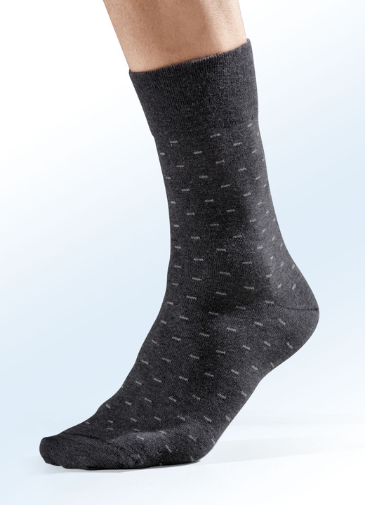 Unterwäsche - Fünferpack Socken mit handgekettelter Spitze und druckfreiem Bund, in Größe 001 (Schuhgrösse 39-42) bis 003 (Schuhgrösse 47-50), in Farbe 2X ANTHRAZIT DESSINIERT, 1X UNI ANTHRAZIT, 1X NAVY DESSINIERT, 1X UNI NAVY Ansicht 1