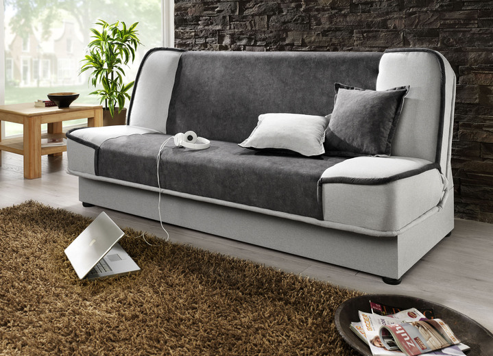 Schlafsofas - Schlafsofa mit Bettkasten und Dekokissen, in Farbe ANTHRAZIT-SILBER Ansicht 1