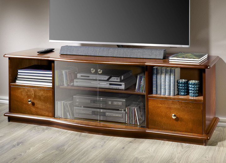 Hifi- &  TV-Möbel - Geräumiges TV-Longboard mit Rauchglastüren, in Farbe NUSSBAUM Ansicht 1