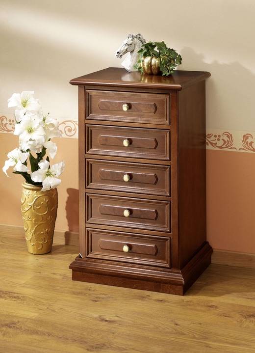 Sideboards & Kommoden - Teilmassive Kommode mit Echtholzfurnier, in Farbe NUSSBAUM, in Ausführung Kommode mit 5 Schubladen, schmal Ansicht 1