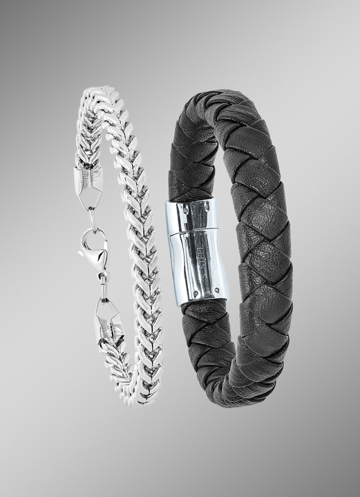 Halsketten & Armbänder - 2-teiliges Armband-Set aus Edelstahl und Leder, in Farbe