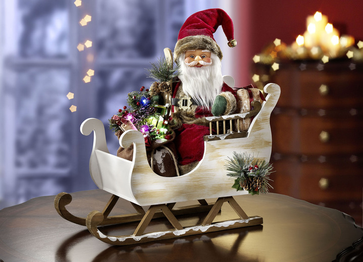 Weihnachtliche Dekorationen - Beleuchteter Weihnachtsmann mit Schlitten, in Farbe ROT-WEISS-BRAUN