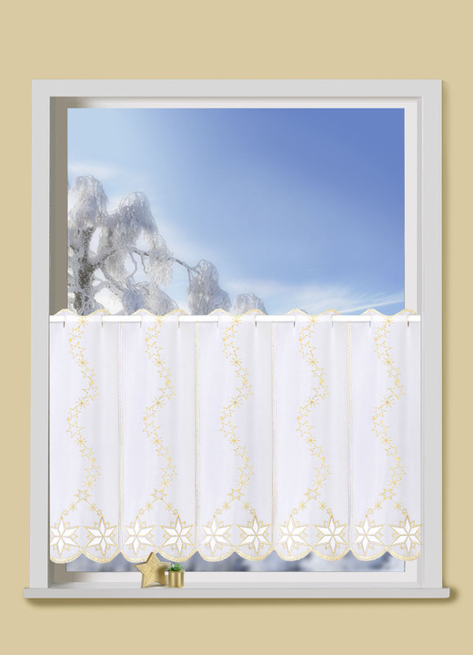 Fensterdekorationen - Lichtdurchlässiger Kurzstore mit Plauener Stickerei, in Größe 825 (H35xB 95 cm) bis 876 (H50xB160 cm), in Farbe WEIß-GOLD