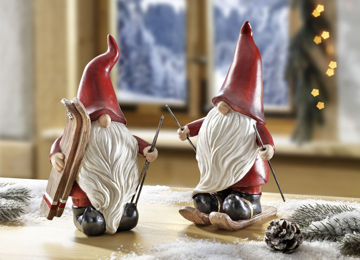 Weihnachtliche Dekorationen - Wichtel mit Skiern, 2er-Set, in Farbe ROT-WEIß