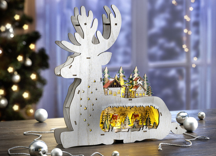 Weihnachtliche Dekorationen - Beleuchtetes Rentier aus Holz, in Farbe WEIß-GRÜN