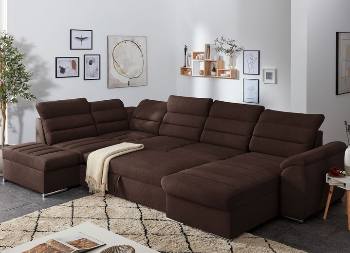 - Polstermöbel mit Bettfunktion und Kopfteilverstellung, in Farbe BRAUN, in Ausführung Wohnlandschaft, 180x350x215 cm